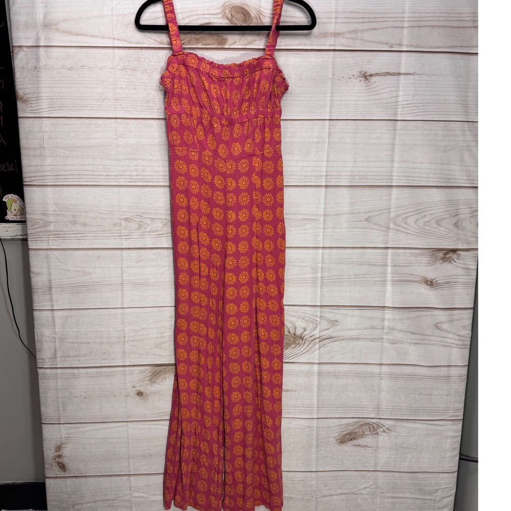 Ecote Jumpsuit Womens Small Pink Orange Excellent Floral Sunburst Wide Leg Boho